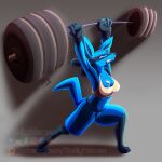 1:1 anthro bodily_fluids breasts cel_shading cleavage clenched_teeth clothed clothing exercise fan_character female gradient_background grey_background hi_res lucario nintendo patreon_artist pok&eacute;mon pok&eacute;mon_(species) raised_arms shaded simple_background solo sweat teeth thelightsmen video_games weightlifting weights workout 