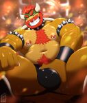  2022 absurd_res anthro armband armpit_hair beard belly big_bulge big_muscles blurred_background body_hair bowser bowser_day bracelet bulge bulge_grab chest_hair claws clothing collar eyebrows facial_hair hair happy_trail hi_res horn jewelry jockstrap koopa looking_at_viewer love_handles male mario_bros musclegut muscular muscular_anthro muscular_male narrowed_eyes navel nelldemon nintendo nipple_piercing nipple_ring nipples non-mammal_nipples pecs piercing pubes ring_piercing scalie sitting smile solo spiked_armband spiked_bracelet spiked_collar spikes teeth underwear video_games watermark 
