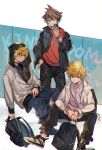  3boys backpack bag blonde_hair blue_eyes boots brown_hair fashion graffiti hood hood_up hoodie jacket kingdom_hearts multiple_boys official_alternate_costume roxas shoes sitting smile sneakers sora_(kingdom_hearts) spiked_hair ventus_(kingdom_hearts) yurichi_(artist) 