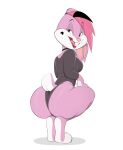  anthro black_eyes breasts buckteeth butt clothed clothing crouching feet female fur hair heart_(marking) hi_res lagomorph leporid looking_at_viewer looking_back looking_back_at_viewer mammal multicolored_body multicolored_fur open_mouth open_smile pink_body pink_fur pink_hair rabbit simple_background smile solo teeth tongue two_tone_body two_tone_fur usnarbit white_background white_body white_fur 