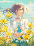  1girl aqua_collar bangs book braid brown_hair elf flower hair_between_eyes highres holding holding_book holding_pen lirseven long_hair long_sleeves looking_away original parted_lips pen pointy_ears ponytail shirt solo white_shirt writing yellow_eyes yellow_flower 