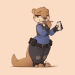  2022 absurd_res anthro blue_eyes brown_body brown_fur clothing digital_media_(artwork) disney fur head_tuft hi_res holding_object light lighting louart lutrine mammal mustelid notebook police_uniform shaded smile solo standing tuft uniform zootopia 