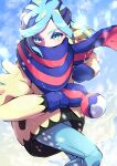  1boy absurdres blue_eyes blue_hair coat commentary_request day eyelashes floating_scarf grusha_(pokemon) highres long_hair long_sleeves male_focus mittens outdoors pants poke_ball_print pokemon pokemon_(game) pokemon_sv pon_yui scarf sidelocks snowing solo yellow_coat 