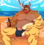 2022 absurd_res anthro balls barazoku baseball_cap beach beard belly beverage biceps big_balls big_bulge big_muscles big_penis bottle bowser bowser_day bulge c_andreartz chair cigar claws clothed clothing cloud day detailed_bulge facial_hair flaccid furgonomics furniture genitals hat headgear headwear hi_res holding_beverage holding_bottle holding_object horn huge_muscles ineffective_clothing koopa male mario_bros musclegut muscular muscular_anthro muscular_male navel nintendo nipple_piercing nipple_ring nipples non-mammal_balls non-mammal_nipples outside pecs penis piercing pubes ring_piercing sand scalie seaside shadow signature sitting sky smile smoke smoking solo speedo swimwear table thick_thighs topless topless_anthro topless_male video_games water 