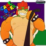  2022 anthro bedroom_eyes belly big_muscles bowser bowser_day bracelet claws daddy_kink dated dominant english_text eyebrows first_person_view front_view hair hi_res horn itoma jewelry koopa leash leash_pull leashed_pov looking_at_viewer male mario_bros musclegut muscular muscular_anthro muscular_male narrowed_eyes navel nintendo nipples non-mammal_nipples nude pecs scalie seductive shell simple_background smile solo spiked_bracelet spiked_shell spikes spikes_(anatomy) standing teeth text url video_games watermark 