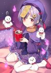  1girl alternate_costume braid braided_ponytail coffee collaboration dress food genshin_impact hair_ornament hat highres jiangshi long_hair marshmallow pillow purple_dress purple_hair qiqi_(genshin_impact) red_eyes shoes smile socks teruterubouzu yaruwashi 