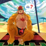  1:1 2022 alternate_version_at_source anthro beach beard belly beverage_can big_muscles body_hair bowser bowser_day bulge chest_hair claws clothing cloud day detailed_background dialogue_box eyebrows facial_hair facial_piercing feet front_view hair happy_trail hi_res horn koopa lduster looking_at_viewer male mario_bros muscular muscular_anthro muscular_male narrowed_eyes navel nintendo nipples non-mammal_nipples nose_piercing nose_ring pecs pictographics piercing plantigrade pubes question_mark ring_piercing sand scalie seaside shell signature sitting sky smile soles solo speedo spiked_shell spikes spikes_(anatomy) swimwear teeth thick_thighs towel umbrella video_games 