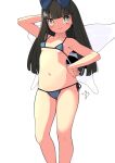  1girl bangs bare_arms bare_legs bare_shoulders bikini blue_bikini blue_bow blunt_bangs blush bow breasts brown_eyes brown_hair closed_mouth collarbone fairy fairy_wings feet_out_of_frame hair_bow huxiao_(mistlakefront) long_hair micro_bikini navel signature simple_background small_breasts smile solo star_sapphire swimsuit touhou white_background wings 