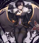  1girl bangs black_gloves black_hair black_jacket black_pants brown_eyes character_request closed_mouth earrings feet_out_of_frame fingerless_gloves fur-trimmed_jacket fur_trim gloves hand_on_own_chest highres holding holding_weapon jacket jewelry long_sleeves looking_at_viewer maplestory mea_(hwaksal) pants short_hair solo standing weapon 