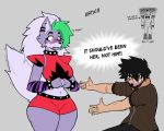 akibarx anthro belt big_breasts blush bracelet breasts canid canine canis clothed clothing collar curvy_figure dialogue digital_media_(artwork) ear_piercing ear_ring english_text female five_nights_at_freddy&#039;s five_nights_at_freddy&#039;s:_security_breach freddy_(fnaf) fur green_eyes green_hair group hair hi_res human isaac_(akibarx) jewelry looking_at_viewer male mammal midriff navel open_mouth piercing ring_piercing roxanne_wolf_(fnaf) scottgames simple_background spiked_belt spiked_bracelet spiked_collar spikes text thick_thighs topwear trio video_games wide_hips wolf 
