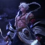  1boy abs asura_(dungeon_and_fighter) belt closed_mouth dungeon_and_fighter empty_eyes forehead_jewel highres holding holding_weapon jewelry lightning looking_afar lumispecter male_focus muscular muscular_male necklace pectorals short_hair slayer_(dungeon_and_fighter) sleeveless solo storm sword tattoo topless_male weapon white_hair yin_yang 