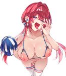  1girl :d bangs bra cupless_bra fang fellatio_gesture heart heart-shaped_pupils highres long_hair navel nipples open_mouth original pom_pom_(cheerleading) purple_eyes pussy_juice red_hair sex_toy shindou_(fuguri) simple_background smile solo symbol-shaped_pupils thighhighs tongue tongue_out twintails underwear vibrator vibrator_in_thighhighs white_background white_thighhighs 
