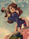  1990s_(style) 1girl blue_bodysuit blue_sky bluethebone bodysuit breasts brown_eyes brown_hair cloud commentary d.va_(overwatch) day english_commentary facial_mark gloves gun handgun highres holding holding_gun holding_weapon long_hair looking_at_viewer mecha medium_breasts open_mouth overwatch patreon_username petals retro_artstyle robot sky smile solo subtitled teeth upper_teeth weapon white_gloves 