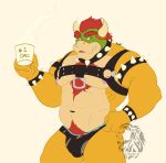  2022 abs anthro armband balls barely_visible_balls barely_visible_genitalia big_muscles body_hair bowser bowser_day bracelet bulge chest_hair claws clothing coffee_mug collar daddy_kink english_text eyebrows genitals hair happy_trail harness havick_(artist) holding_mug holding_object horn jewelry koopa male mario_bros mug muscular muscular_anthro muscular_male navel nintendo nipples non-mammal_balls non-mammal_nipples number obliques pecs pubes scalie simple_background smile solo spiked_armband spiked_bracelet spiked_collar spikes standing text thong underwear video_games watermark white_background 