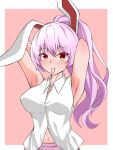  1girl animal_ears armpits blush border breasts highres long_hair looking_at_viewer mouth_hold navel pink_background pink_skirt ponytail rabbit_ears red_background reisen_udongein_inaba shirt skirt solo tasuku_(tusktouhou4) touhou two-tone_background white_border 