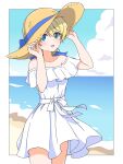  1girl bangs beach blonde_hair blue_eyes blush border braid collarbone darjeeling_(girls_und_panzer) dress french_braid girls_und_panzer hachiko_(kota091986) hair_between_eyes hat highres long_hair looking_at_viewer outside_border solo standing straw_hat white_border white_dress 