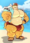  2022 aloha_shirt anthro armband barazoku beach beckoning belly biceps big_belly big_bulge big_muscles big_pecs bowser bowser_day bulge claws clock clothed clothing cloud eyebrows footwear gesture hair hi_res horn huge_muscles huge_thighs koopa looking_at_viewer male mario_bros musclegut muscular muscular_anthro muscular_male nintendo open_clothing open_mouth open_shirt open_smile open_topwear outside pattern_clothing pattern_shirt pattern_topwear pecs quads sand sandals scalie seaside shell shenaniwhagons shirt sky smile solo speedo spiked_armband spiked_shell spiked_tail spiked_watch spikes spikes_(anatomy) standing swimwear teeth text thick_thighs topwear url video_games watch water 