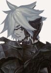  1boy aqua_eyes armor au_ra blood blood_on_face breastplate clenched_teeth colored_sclera cuts dark_knight_(final_fantasy) dragon_horns final_fantasy final_fantasy_xiv gauntlets grey_hair grey_sclera hand_up highres horns injury looking_at_viewer male_focus nosebleed pauldrons portrait scales serious short_hair shoulder_armor sidurgu_orl simple_background solo spiked_hair teeth v-shaped_eyebrows white_background wysswyrst 