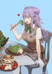  1girl absurdres ahoge blue_background bow bowl bowtie butter cake cardigan_vest chair cream dripping eating food fork fruit glass_table green_bow green_bowtie hair_between_eyes heart highres holding holding_fork jun_(seojh1029) long_hair matcha_(food) original pancake plaid plaid_skirt plate purple_hair school_uniform short_sleeves sidelocks signature simple_background sitting skirt solo sweater_vest swiss_roll table teeth two_side_up upper_teeth weibo_logo weibo_username whipped_cream yellow_eyes 