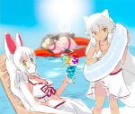  3girls alternate_costume animal_ears arctic_fox_(kemono_friends) beach beach_chair bikini blonde_hair bow collarbone drink fox_ears fox_girl fox_tail frilled_bikini frills grey_hair grey_thighhighs ieinu_account innertube kemono_friends long_hair matching_outfit midriff multicolored_hair multiple_girls navel ocean oinari-sama_(kemono_friends) orange_eyes pink_bikini red_bow sarong sitting sleeping swimsuit tail thighhighs two-tone_hair walrus_(kemono_friends) white_bikini white_hair white_sarong yellow_eyes 