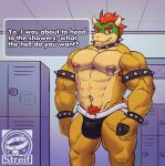  2022 abs anthro armband armpit_hair barazoku biceps big_muscles body_hair bowser bowser_day bracelet bulge cellphone clothing collar dialogue english_text eyebrows hair hi_res holding_object holding_phone horn inside jewelry jockstrap koopa locker locker_room looking_at_viewer male mario_bros muscular muscular_anthro muscular_male navel navel_piercing nintendo nipple_piercing nipple_ring nipples pecs phone piercing pubes quads ring_piercing scalie smartphone solo spiked_armband spiked_bracelet spiked_collar spikes standing streif talking_to_viewer teeth text underwear video_games watermark 