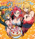  3girls arm_around_shoulder au_ra avatar_(ff14) barefoot birthday_cake blonde_hair blue_hair braid breasts brown_pantyhose cake cecilia_o&#039;byrne_(mac) choker cleavage colored_tips downblouse dragon_girl dragon_tail final_fantasy final_fantasy_xiv food food_in_mouth fork from_above fruit green_eyes grey_hair happy_birthday hat holding huge_breasts jacket kafun large_breasts leather leather_jacket long_hair looking_at_viewer mature_female medium_breasts mika_yagumo_(mac) multicolored_hair multiple_girls original pantyhose party_hat pencil_skirt pinstripe_pattern pinstripe_skirt pov purple_eyes ral_wheeler_(mac) red_hair scales short_hair side_braid skirt strawberry striped tail two-tone_hair whisk 