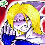  1:1 angry anthro beckoning blonde_hair clothing digital_media_(artwork) fingerless_gloves fish frown gesture gloves gunner_double_one hair handwear headshot_portrait low_res male marine oekaki portrait purple_body purple_skin red_background red_eyes scowl shark shauro_the_shark simple_background solo source_request speech_bubble 