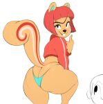  animal_crossing anthro big_butt black_eyes buckteeth butt clothing eyebrows female fur gesture hazel_(animal_crossing) hi_res looking_back mammal middle_finger nintendo panties rodent sciurid sidescreen_character simple_background smile solo teeth thick_thighs tree_squirrel underwear unibrow usnarbit video_games white_background 