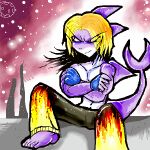  1:1 anthro barefoot black_bottomwear black_clothing black_pants blonde_hair bottomwear clothing crossed_arms digital_media_(artwork) feet fish grin gunner_double_one hair low_res male marine moon oekaki outline pants purple_body purple_skin red_eyes shark shauro_the_shark sitting smile solo source_request 