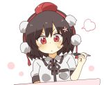  1girl :&lt; bangs black_hair black_ribbon blush closed_mouth collared_shirt commentary_request dress_shirt hair_between_eyes hand_up hat holding holding_stylus looking_at_viewer mini_hat neck_ribbon puffy_short_sleeves puffy_sleeves red_eyes red_headwear ribbon shameimaru_aya shirt short_sleeves simple_background solo stylus sweat tokin_hat totoharu_(kujirai_minato) touhou upper_body v-shaped_eyebrows white_background white_shirt 