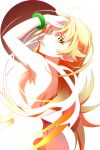  1girl armpit_crease back bakemonogatari bangs bare_back bare_shoulders blonde_hair bracelet breasts colored_eyelashes dress flat_chest gesugesu_ahoaho green_bracelet holding holding_hair jewelry long_hair looking_at_viewer monogatari_(series) negative_space nisemonogatari open_mouth oshino_shinobu pointy_ears sideboob simple_background solo vampire yellow_eyes 