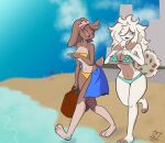  anthro artgalanesh beach bikini clothing dipstick_ears duo female fluffy fluffy_hair fluffy_tail hair hi_res lagomorph leporid long_hair mammal multicolored_ears ponytail_ears rabbit seaside signature slim swimwear 