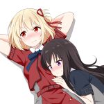  2girls arms_behind_head black_hair blonde_hair blush bow embarrassed felutiahime head_on_chest highres inoue_takina long_hair lycoris_recoil medium_hair multiple_girls nishikigi_chisato purple_eyes red_eyes school_uniform simple_background sweatdrop white_background yuri 