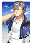  1boy arm_behind_head bangs beach collarbone commission cropped_jacket earclip eyebrow_cut framed gloves grey_hair grin hairband half_gloves highres jacket jewelry looking_at_viewer male_focus necklace original otani_(gloria) shirt short_hair signature smile white_shirt yellow_eyes 