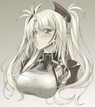  1girl azur_lane breasts commentary_request eyes_visible_through_hair gekato grey_background greyscale headgear highres large_breasts long_hair monochrome multicolored_hair partial_commentary prinz_eugen_(azur_lane) red_eyes sideways_glance simple_background solo streaked_hair two-tone_hair upper_body 