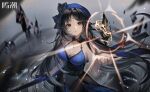  black_hair blue_dress bow breasts cleavage debris dress gloves grey_eyes hat long_hair looking_at_viewer magic shiny single_glove stone sword tassel weapon wuthering_waves yan_bai_tai 