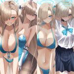  1girl animal_ears asuna_(blue_archive) asuna_(bunny)_(blue_archive) bangs blue_archive blue_eyes blue_leotard blush bow bowtie breasts choker cleavage collarbone detached_collar fake_animal_ears gloves hair_over_one_eye halo highres large_breasts leotard light_brown_hair long_hair long_sleeves looking_at_viewer mole mole_on_breast neckerchief official_alternate_costume pantyhose playboy_bunny rabbit_ears school_uniform skirt smile solo swept_bangs traditional_bowtie white_gloves 