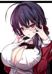  akeyama_kitsune azur_lane black_hair breasts cleavage glasses huge_breasts partially_unbuttoned red_eyes ribbon taihou_(azur_lane) taihou_(sweet_time_after_school)_(azur_lane) unbuttoned unbuttoned_shirt 