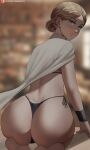  1girl ass bangs bikini black_bikini blonde_hair blue_eyes blurry blurry_background cape christa_renz closed_mouth commentary from_behind highres indoors looking_back parted_bangs patreon_logo patreon_username seiza shexyo shingeki_no_kyojin side-tie_bikini sitting solo swimsuit web_address white_cape 