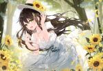  1girl :d bangs black_hair blurry blurry_background blush braid breasts cleavage collarbone commentary_request day depth_of_field dress floating_hair flower forest green_eyes hair_between_eyes hat hat_flower highres leaning_forward long_hair medium_breasts mochizuki_shiina nature original outdoors puffy_short_sleeves puffy_sleeves short_sleeves smile solo tree twin_braids very_long_hair white_dress white_headwear yellow_flower 