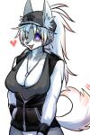 &lt;3 2:3 anthro big_breasts bottomless breasts canid canine canis cheek_tuft cleavage clothed clothing digital_media_(artwork) eyelashes facial_tuft female female_anthro fingers fur grey_body grey_fur hair hat headgear headwear hi_res huge_breasts jewelry long_hair looking_at_viewer mammal necklace okami_bark one_eye_closed ookamiwaho ponytail purple_eyes simple_background smile solo tongue tongue_out topwear tuft white_body white_fur white_hair wink wolf 