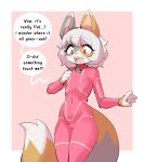  2022 anthro arcanis bell bell_collar blush borvar clothed clothing collar colored domestic_cat english_text felid feline felis female flat_chested fur hair hi_res mammal mottled mottled_body mottled_fur piebald piebald_body piebald_fur pink_background pink_clothing red_eyes short_hair simple_background skinsuit solo surprised_expression text tight_clothing white_hair 