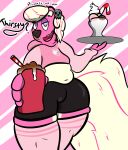  accessory anthro belly beverage big_tail bike_shorts bone bottomwear clothing dessert english_text facial_piercing food fur hair_accessory hairpin hi_res ice_cream legwear logo male mammal mephitid midriff milkshake nose_piercing nose_ring overweight overweight_male piercing pink_body pink_fur pompadour ring_piercing shorts skull skunk skunkwhoplunks solo stockings text thigh_highs 