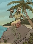  anthro beach beverage clothing coconut coconut_drink drupe_(fruit) food fruit holding_object male mass_effect plant rock sand sea seaside solo underwear varanidius video_games water 