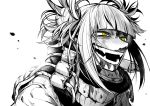  1girl blood boku_no_hero_academia bruise commentary_request double_bun fangs hair_bun injury looking_away messy_hair monochrome open_mouth school_uniform short_hair simple_background solo takatsuki_ichi teeth toga_himiko upper_body white_background yellow_eyes 
