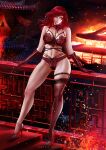  1girl absurdres architecture bangs bare_shoulders bow bow_panties bra breasts burning character_name collar commission commissioner_upload copyright_name east_asian_architecture embers eyelashes fiery_background fire full_body garter_straps gloves heart_o-ring high_heels highres javier_estrada large_breasts leaning_on_object lingerie lips lipstick long_hair looking_at_viewer makeup multi-strapped_bra multi-strapped_panties niao_sun nipples non-web_source o-ring o-ring_top outdoors outstretched_arms panties purple_bra purple_footwear purple_gloves purple_panties railing red_hair see-through see-through_bra shenmue shenmue_iii smirk solo stairs standing thighs underwear yellow_eyes 