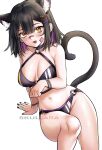  1girl animal_ears arm_support artist_name bandaid bandaid_on_face bandaid_on_nose bikini black_hair black_nails bracelet breasts cat_ears cat_girl cat_tail choker fang hair_between_eyes highres indie_virtual_youtuber jewelry looking_at_viewer multicolored_hair o-ring o-ring_bikini open_mouth purple_hair rainhoe simple_background sitting skullara solo swimsuit tail tongue two-tone_hair virtual_youtuber watermark white_background yellow_eyes 