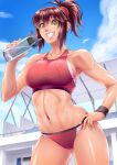  1girl abs bangs bare_shoulders blue_sky bottle breasts brown_eyes brown_hair buruma cameltoe cloud cloudy_sky collarbone commentary_request day hand_on_hip highres holding ikumo_taisuke lips long_hair looking_at_viewer medium_breasts navel original outdoors parted_lips ponytail shiny shiny_hair shiny_skin simple_background sky sleeveless smile solo sports_bikini stomach sweat tan tanlines teeth thighs water water_bottle wristband 