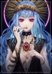  1girl absurdres bangs black_choker blue_hair bracelet breasts choker fork gem hand_up head_wreath highres holding holding_fork jewelry lipstick long_hair makeup necklace original pink_eyes red_nails ring shiraho_(m_shiraho) sleeveless small_breasts snake solo upper_body 