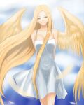  1girl akatsuki_(mp31097) angel_notes angel_wings arms_behind_back blonde_hair blue_sky cloud covered_navel dress feathers highres long_hair sky solo spaghetti_strap thigh_gap thighs v/v very_long_hair white_dress wings yellow_eyes yellow_wings 
